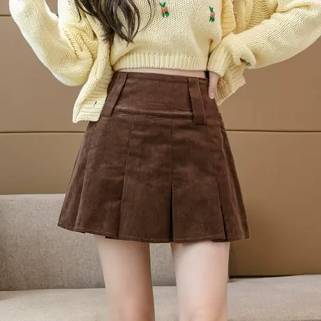 灯芯绒短裙女2023秋冬新款高腰显瘦半身裙减龄学院风A字裙百褶裙图片