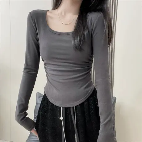 辣妹紧身褶皱长袖T恤女秋冬德绒磨毛打底衫内搭修身上衣正肩ins潮图片
