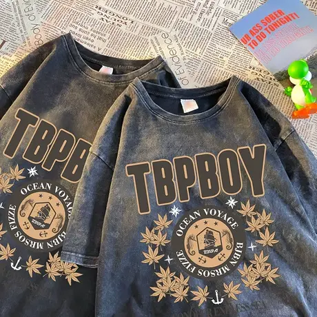 夏季水洗做旧短袖t恤男潮牌港风美式复古半袖衣服ins纯棉宽松体恤商品大图