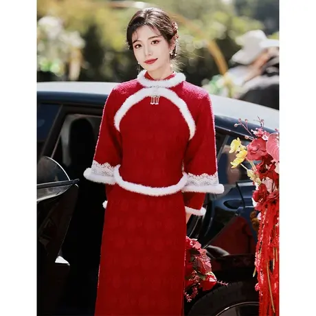 冬季旗袍敬酒服红色加厚保暖2023新款新中式高级感加绒订婚连衣裙商品大图