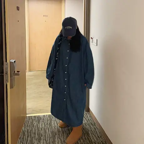 新款过膝长款韩版单排扣牛仔风衣外套女宽松大码时尚休闲牛仔衬衫商品大图