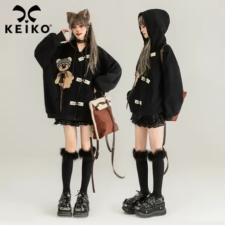 KEIKO [加绒] 设计感灯芯绒开衫外套2024春季小熊饰宽松条绒上衣商品大图