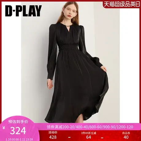 DPLAY春法式风黑色V领镂空领口丝绒编织金属织带装饰鎏光纱连衣裙图片