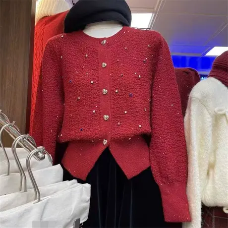 2024春季新款韩系小香风重工彩色钉珠镶钻亮丝毛衣女红色短款上衣商品大图