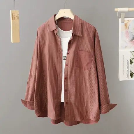 红色细条纹衬衫女薄款外套休闲宽松上衣春秋季2024年新款百搭衬衣图片