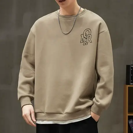 男装春季痞帅重磅假两件圆领卫衣春秋款男生卡其色无帽长袖上衣服商品大图