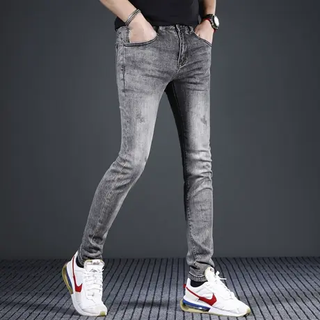 香港高端牛仔裤男修身小脚春夏季2024新款烟灰色弹力休闲男士裤子商品大图