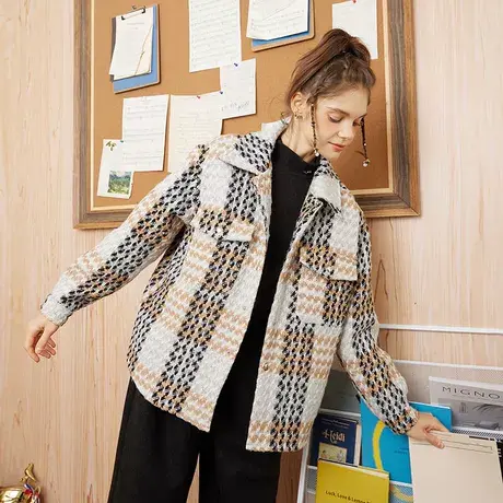 a02格纹撞色2023秋冬新款贴袋设计感休闲百搭女式外套图片