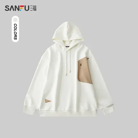 三福2024春季男士梭织口袋拼接卫衣 日系户外连帽上衣男482331商品大图