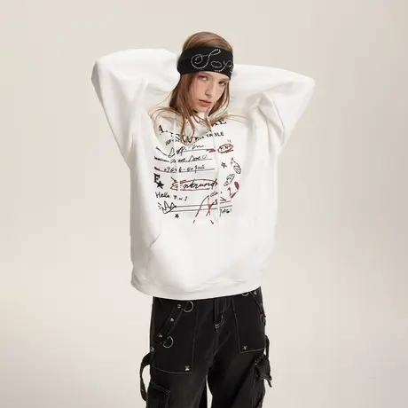 潮牌复古印花连帽卫衣女春秋2024新款街头情侣装宽松oversize外套商品大图