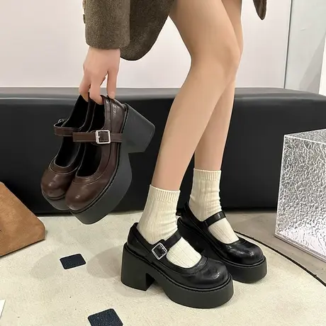 棕色复古厚底小皮鞋女2024新款春季增高跟鞋粗跟单鞋玛丽珍鞋女鞋图片