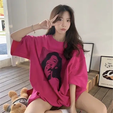 玫红色短袖t恤女纯棉ins潮夏季韩版宽松chic开叉设计感小众上衣服商品大图