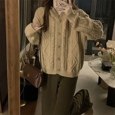 连帽麻花毛衣女秋冬季2023新款宽松慵懒风复古设计感针织开衫外套图片