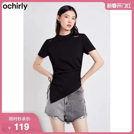 ochirly欧时力短袖t恤女新款夏装纯棉上衣不规则绑带别致辣妹风图片