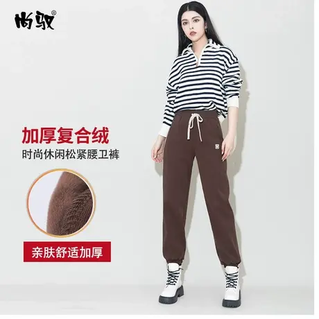 咖色复合绒卫裤2023年冬季新款九分加绒加厚运动裤时尚百搭休闲裤商品大图
