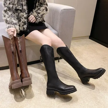 长靴女厚底v口高筒靴2024新款秋季不过膝女靴子骑士靴胖mm长筒靴图片