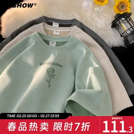 VIISHOW麂皮绒短袖T恤男夏季新款美式复古潮牌重磅五分半截袖体恤图片