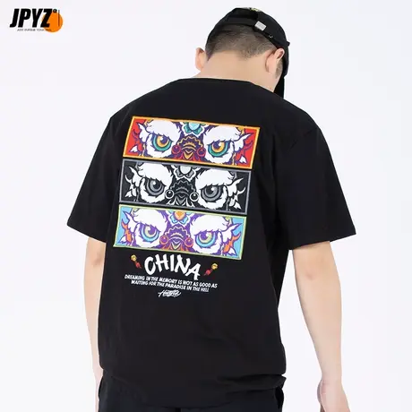 春夏新款中国风短袖重工刺绣醒狮t恤男半袖宽松国潮流衣服纯棉商品大图