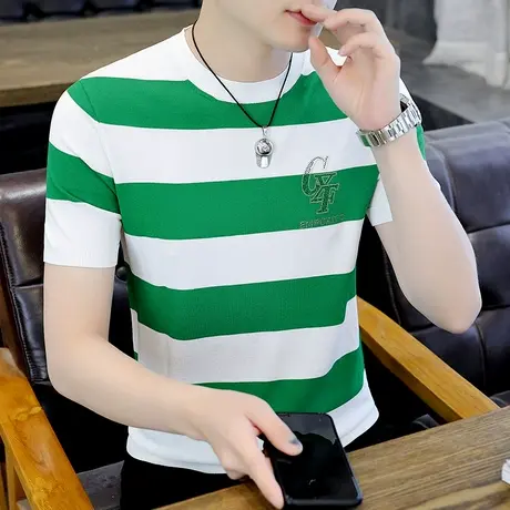 短袖t恤男夏装2022学生潮流烫钻弹力针织衫冰丝薄款帅气条纹上衣商品大图