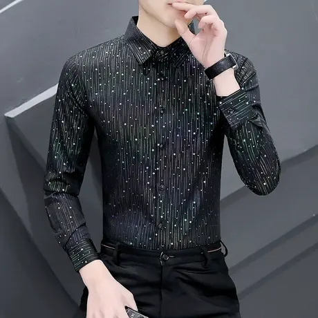 夜店个性彩色烫金条纹衬衫男春秋季潮牌高级感免烫痞帅气韩版衬衣商品大图