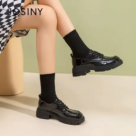 卓诗尼小皮鞋女2023年新款春季漆皮单鞋复古系带女鞋黑色jk鞋子图片