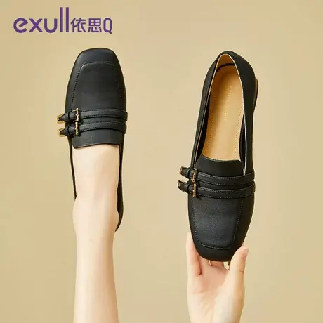 依思q黑色乐福鞋女秋季2023新款英伦风气质复古小皮鞋粗跟单鞋女商品大图