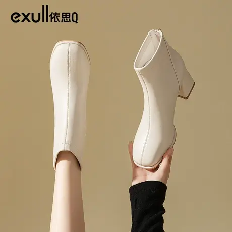 依思q白色高跟短靴女2023年新款秋冬女靴加绒靴子粗跟高跟鞋冬季商品大图