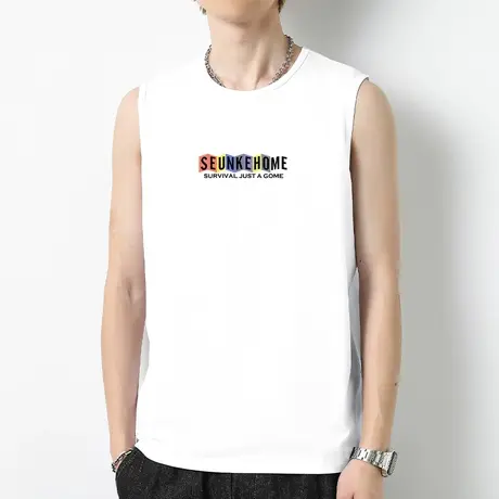 莫代尔冰丝背心男夏季速干凉感运动坎肩篮球字母印花白色无袖t恤商品大图