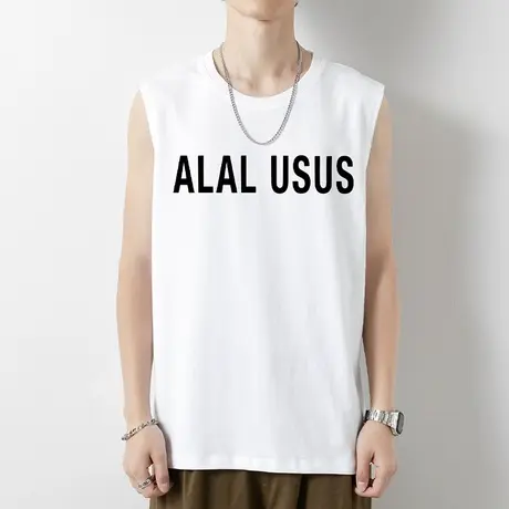 纯棉背心男士夏季薄款跨栏健身篮球运动坎肩字母印花白色无袖t恤商品大图