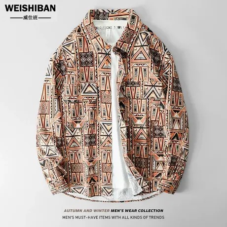 美式民族风满印男士长袖衬衫2022秋季新款时尚不规则衬衣型外套男图片