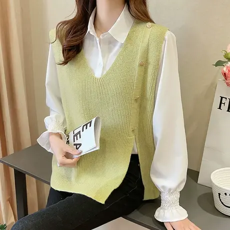 设计感小众开叉纽扣针织马甲女春装2023新款宽松显瘦毛线坎肩背心图片