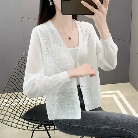 白色冰丝针织衫女长袖2023早春新款薄款开衫短外套夏季防晒上衣潮图片