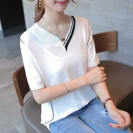 新款V领套头针织衫女夏装韩版时尚拼色上衣冰丝短袖t恤衫夏季图片