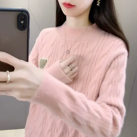 女士半高领毛衣2023年秋冬新款麻花针织衫纯色百搭保暖打底上衣女图片