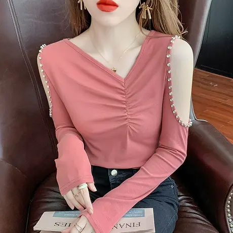 女装2023新款潮手工钉珠T恤性感露肩上衣修身百搭打底衫女长袖春商品大图
