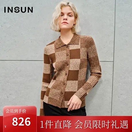 恩裳2023秋季新款美拉德四色混纱方格坑条修身羊毛针织衫商品大图