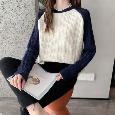 圆领拼色麻花套头毛衣2023年秋装新款设计感复古内搭针织打底衫女商品大图