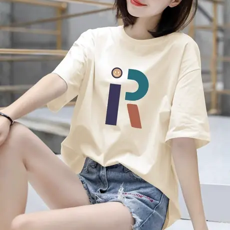 杏色纯棉短袖t恤女夏季新款宽松中长款半袖体恤时尚字母印花上衣商品大图