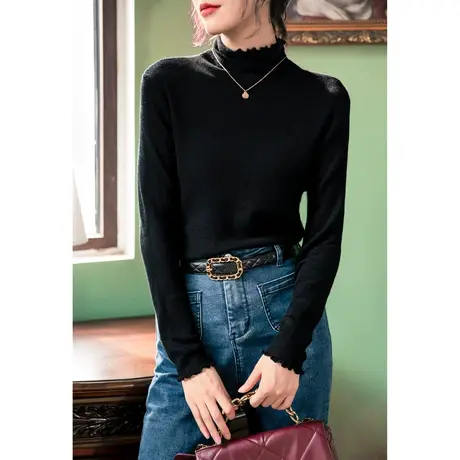 弥古黑色木耳边半高领打底衫女春秋绿色叠穿内搭针织衫高级感上衣商品大图