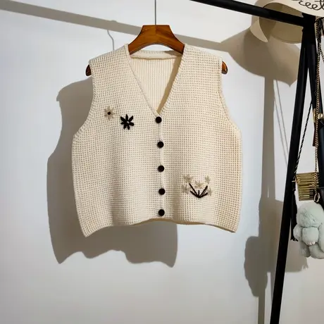 学院风针织背心马甲女开衫春秋新款法式甜美绣花无袖毛衣坎肩外穿商品大图