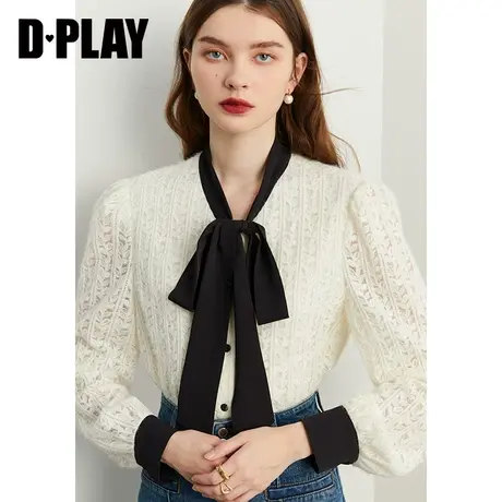 DPLAY2023秋装新法式温柔奶油杏撞色蝴蝶结系带长袖磨毛蕾丝上衣商品大图