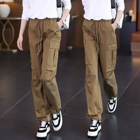 卡其色工装裤女秋季2023新款高腰显瘦系带束脚休闲女装哈伦运动裤图片