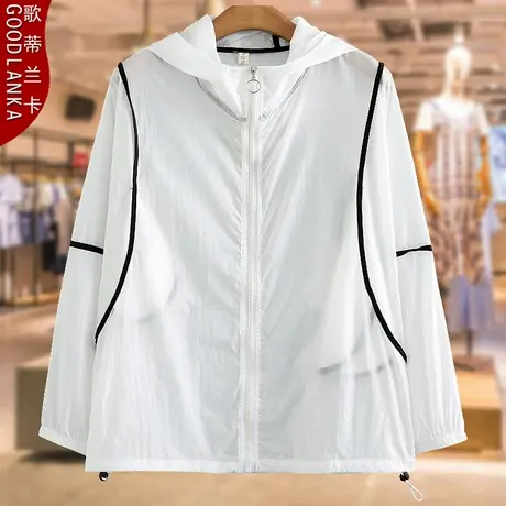 加肥加大码胖妈妈夏装防晒服女200斤宽松时尚薄款撞色连帽防晒衣商品大图