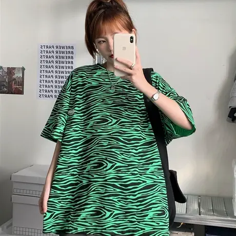 原宿风短袖t恤女2021新款夏季宽松韩版设计感小众条纹上衣服ins潮商品大图