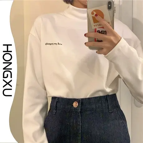 红续2023秋冬新款德绒半高领打底衫百搭保暖学生上衣ins潮内搭商品大图