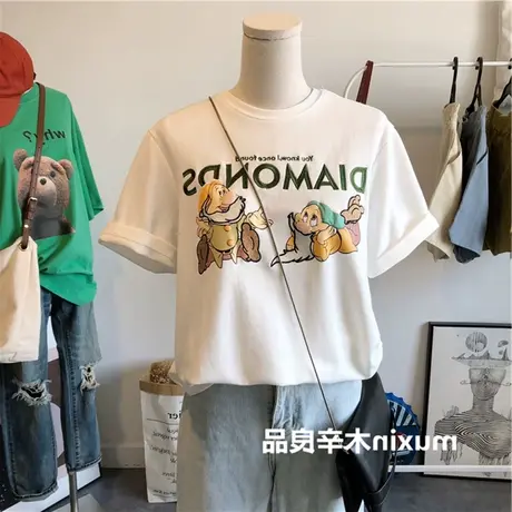 美式复古T恤新款宽松趣味刺绣卡通短袖2021夏季白色韩版上衣女潮商品大图