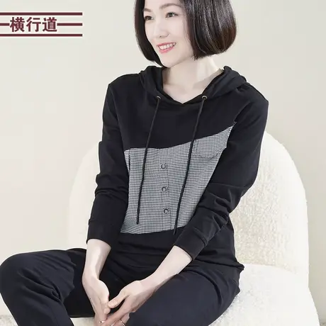 2023冬季新款大码长袖女装韩版撞色抽绳连帽宽松拼接格子外穿上衣商品大图