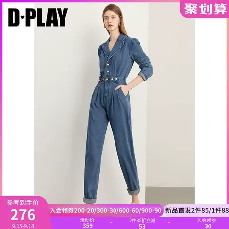 DPLAY2023秋装休闲工装风复古牛仔蓝设计感工装裤长袖牛仔连体裤商品大图