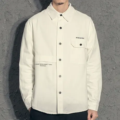 奕飏字母印花简约宽松衬衫外套男春秋2019新款秋装上衣翻领青年潮图片