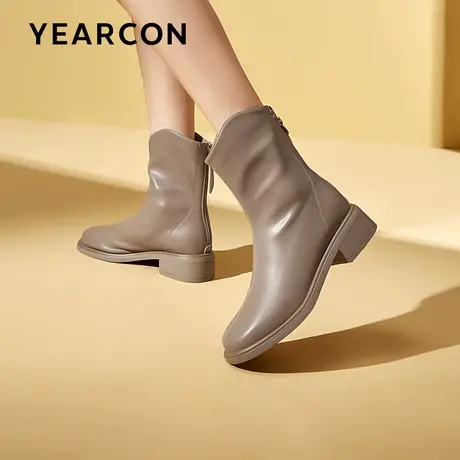 意尔康V口时装靴女2023秋冬款粗跟平底短靴通勤马丁靴百搭瘦瘦靴商品大图